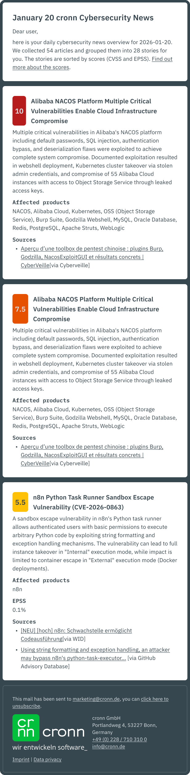 Ein Screenshot einer Mail des Newsletters als Beispiel. Der Inhalt (auf Englisch) sind drei beispielhafte Stories, die vor Bedrohungen warnen. Jeweils mit Headline, einer Zusammenfassung, dem CVSS-Wert, einer Liste betroffener Produkte und einer Linkliste mit Quellen und teilweise einem EPSS-Wert. Die Stories sind absteigend nach CVSS-Wert sortiert.