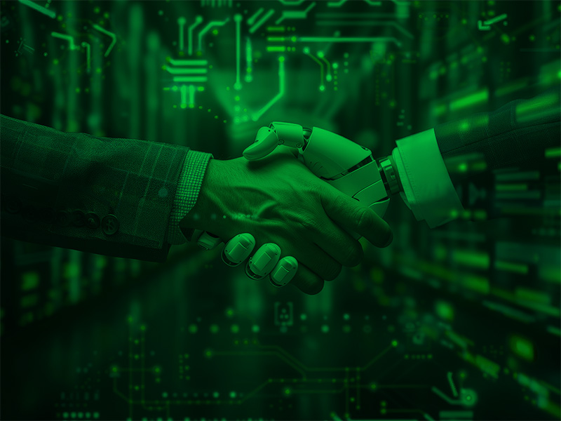 Ein KI-generiertes Bild eines Handschlags einer menschlichen Hand und einer Androidenhand.